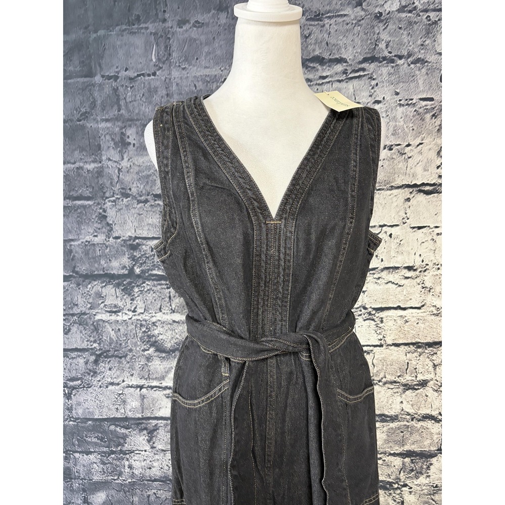 Sundance Poppy Dress Womens 12 Black Denim V Neck Belted Fit Flare Maxi 111396 - Picture 4 of 16